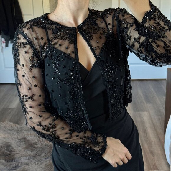 Vtg Laurence Kazan Embellished Beaded Sheer Cardigan L Sequins Black Whimsigoth - Picture 2 of 9